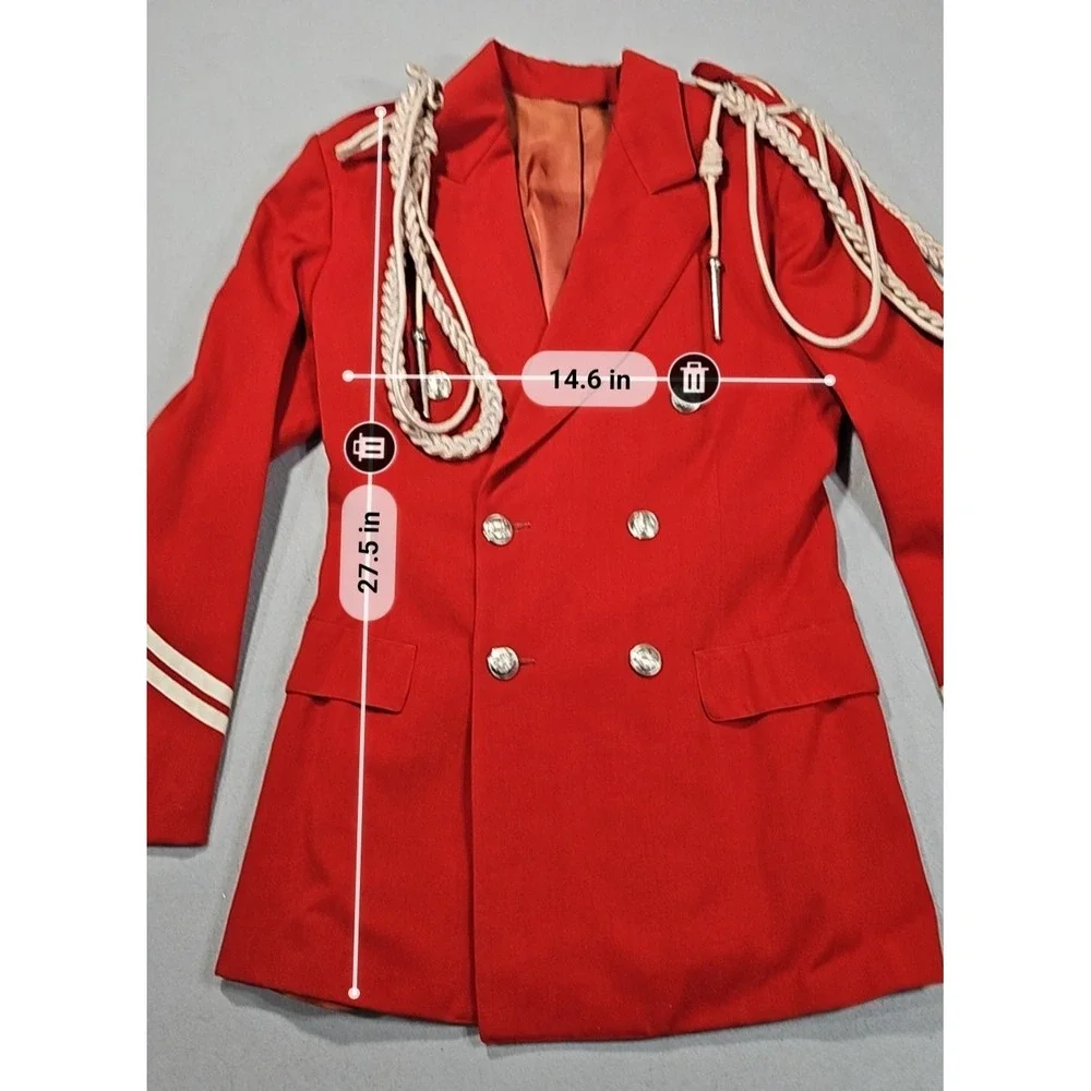 Vintage Marching Band Uniform Jacket Red Double Breasted Aiguillette Shoulder Co